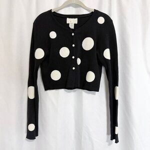 Vintage Caché Gold Label Black and White Waffle Weave Polka Dot Cropped Cardigan